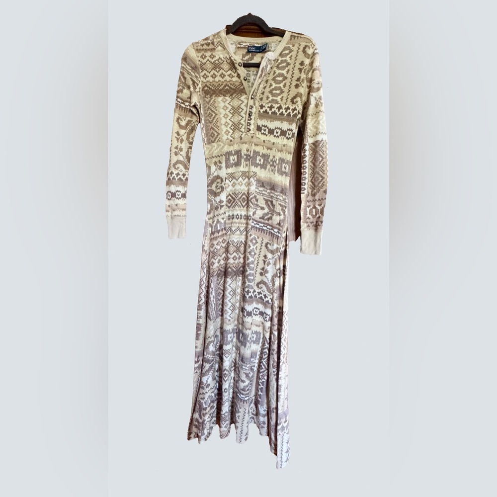 Polo Ralph Lauren Cream and Brown Long Sleeve Dress
